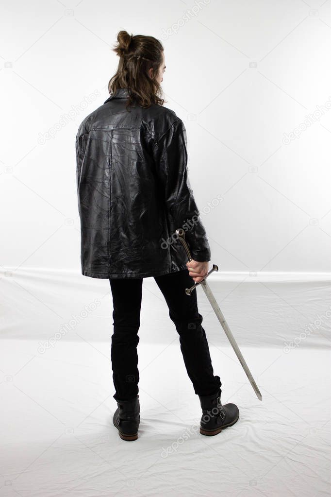 Dark warrior hunter in black leather
