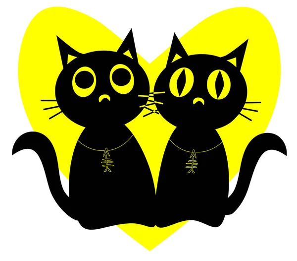 Vectorillustratie Van Paar Zwarte Katten Met Vis Bot Hangers Afainst — Stockvector