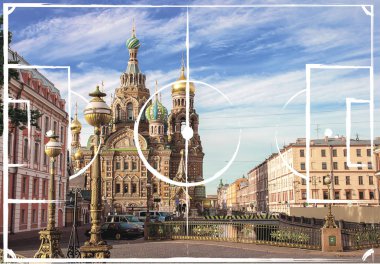 arka planda kilise Savior Spilled kan St Perersbourg, Rusya futbol alanı planı. Uluslararası Dünya Şampiyonası 2018 için görüntü.