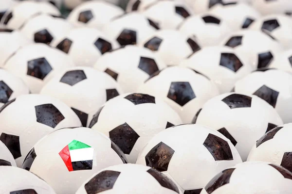 Grupo Bolas Fútbol Húmedo Fondo Completo Pelota Tiene Bandera Uae —  Fotos de Stock