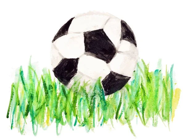 白で隔離緑の草のフットボール サッカー ボールの描く手水彩 Esp ベクトル図 — ストックベクタ