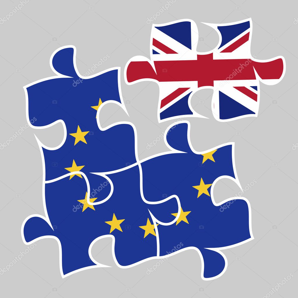 Brexit the removed piece in a puzzle EU. Participation of UK in the euro-economy concept. Three puzzle elements with European union flag and one with Great Britain flag esp 10 vector illustration.
