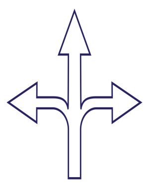 Üç yollu Yön ok işareti. Vektör. Beyaz bir arka plan üzerinde düz stil mavi kutsal kişilerin resmi.