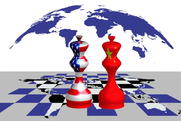 Trade war between USA and China, conceptual collage. chess queens with american and chines flags texture on a chessboard with a world map under a continents form clouds, isolated on a white background