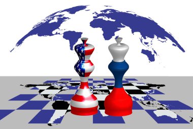 Trade war between USA and Russia. chess queens with american and russian flags texture on a chessboard with a world map under a continents form clouds, isolated on a white background clipart