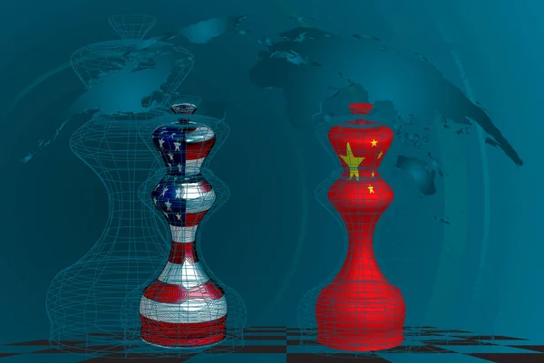 米国と中国 概念的なコラージュの貿易戦争 チェス盤のアメリカと中国語のフラグ テクスチャとチェスのクイーン — ストック写真