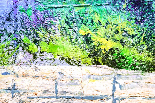 Grunge colorful green background with brush strokes. Oil painting on canvas. Scratched wall texture. Fragment of artwork. Stone wall and trees and bushes.