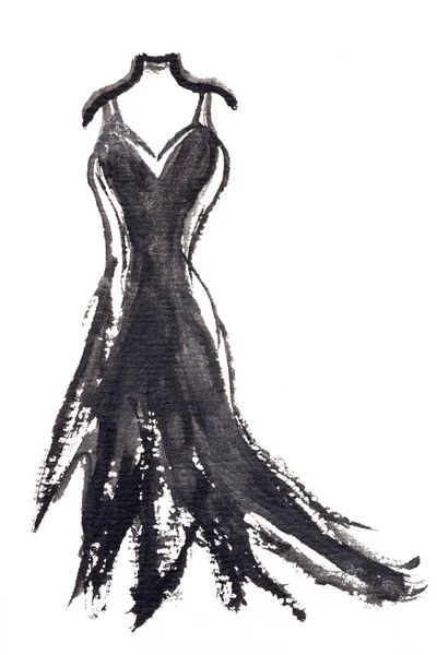 Robe Soirée Robe Soirée Style Vintage Noire Aquarelle Illustration Dessinée — Photo