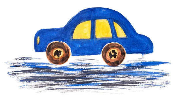 孩子的画蓝色汽车与路 在白色背景下隔离的水彩插图 — 图库照片