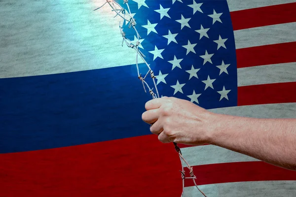Handelskrieg Zwischen Den Usa Und Russland Stacheldraht Der Hand Zwischen — Stockfoto