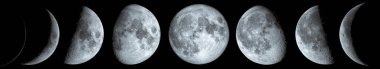 Ayın evreleri: hilal, ilk çeyrek, gibbous ağda, dolunay, gibbous azalmakta, üçüncü guarter, mevsimsel hilal ve new moon ağda. Nasa tarafından döşenmiş bu görüntü unsurları.