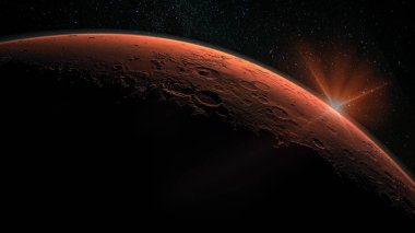 Mars yüksek çözünürlüklü görüntü. Mars güneş sisteminin bir gezegendir. Mercek parlaması ile gündoğumu. Nasa tarafından döşenmiş bu görüntü unsurları.