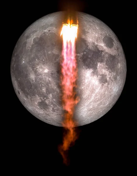 宇宙船は月コラージュする概念旅行月に任務に離陸 黒の愚か者の月と宇宙に飛んで煙の雲とロケット Nasa から提供されたこのイメージの要素 — ストック写真