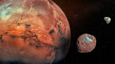 Mars onun iki krateri uyduları Phobos ve Deimos ile. Nasa tarafından döşenmiş bu görüntü unsurları.