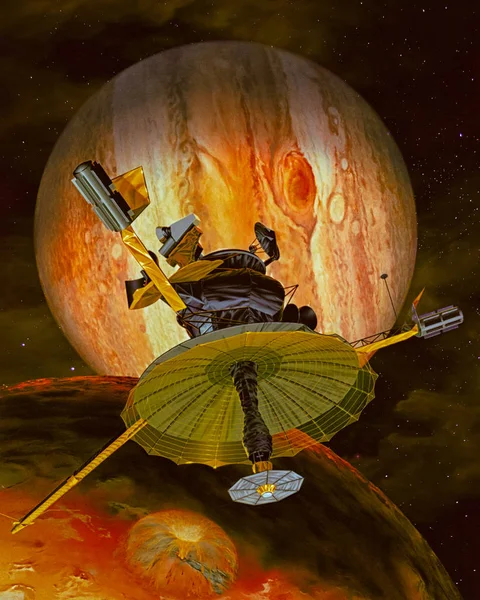 Корабель Вище Планети Юпітер Місяць Galaxy Зірок Фону Sci Колаж — стокове фото