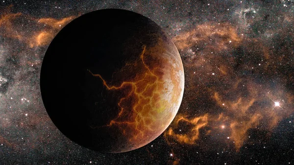 Landschaft in der Fantasie außerirdischer extrem heißer Exoplanet mit Lavarissen und loderndem Galaxienhintergrund. Elemente dieses Bildes von der nasa. — Stockfoto