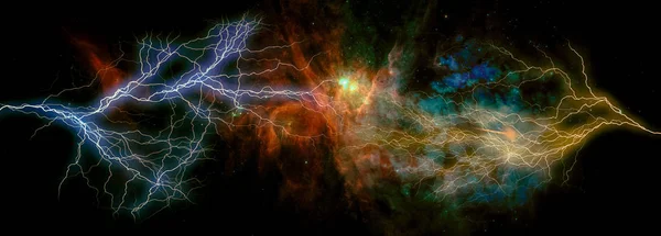 Landscape background of fantasy alien galaxy with glowing clouds, stars and two huge lightening bolts from the opposite directions. — Stock Photo, Image