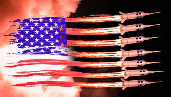 Bandera Estados Unidos Misiles Lanzados Desde Las Franjas Fuego Estados — Foto de Stock