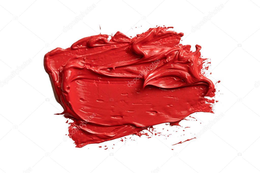 Textured red oil paint brush stroke,convex with shadows, isolated on white background