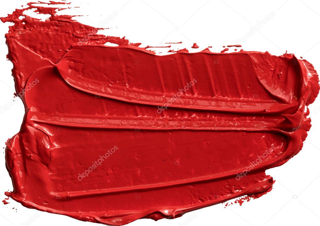 Red lipstick swatch, oil texture paint stain brush stroke isolated on transparent background, eps 10 vector illustration.