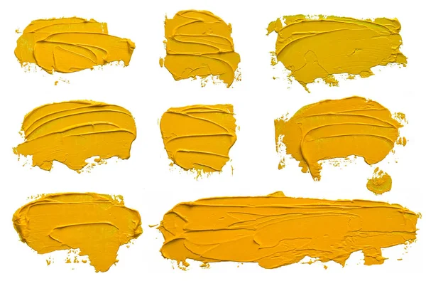Set Ocho Pinceladas Óleo Amarillo Texturizado Convexas Con Sombras Aisladas — Foto de Stock