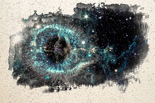 Stylized by watercolor sketch painting  on a textured paper of the Helix nebula, a cosmic starlet eerie resemblance to a giant eye in universe, collage. Elements of this image furnished by NASA.