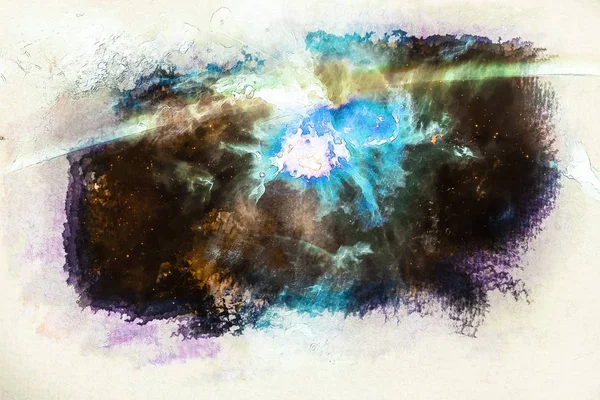由水彩画素描在带有星云和恒星的空间背景纹理纸上的风格 美国宇航局提供的这张图片的元素 — 图库照片