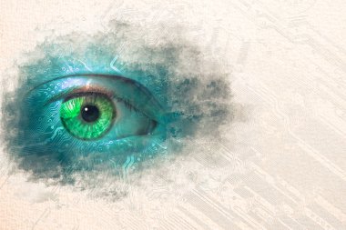 Veri göz teknik birikimi ile dokulu bir kağıt üzerine suluboya kroki boyayarak stilize. Bir gözün yanıyor bir cirvuit kurulu desenini kopya alanı yanındaki metni ile.