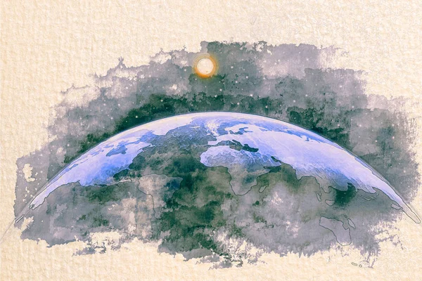 Stylized by watercolor sketch painting of world map silhouette dome of the planet Earth in an outer space, on a textured paper. Retro style postcard collage. — Stock Photo, Image