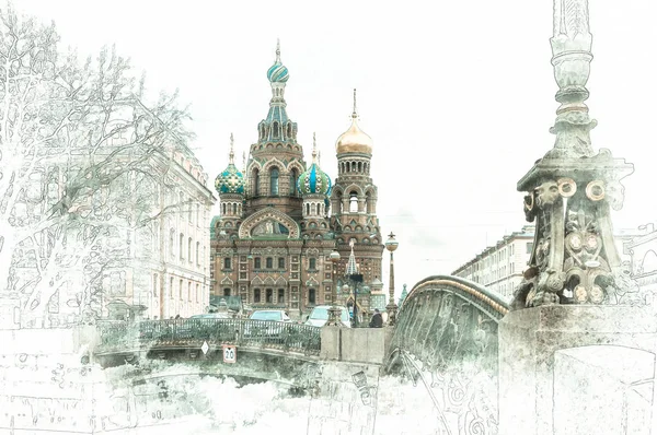 Стилізований Малюючи Аквареллю Ескіз Церкви Спаса Крові Санкт Петербург Росія — стокове фото