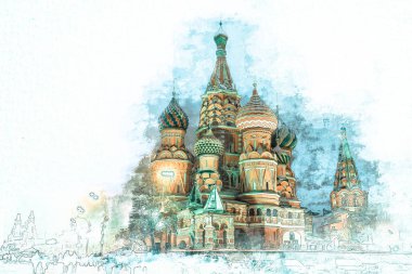 Güzel St. Basil Katedrali, Moskova, Rusya dokulu kağıt üzerine suluboya kroki boyayarak stilize. Retro tarzı kartpostal.