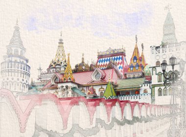 Kremlin'in Izmailovo, Moskova, Rusya dokulu kağıt üzerinde güzel görünümünün suluboya kroki boyayarak stilize. Retro tarzı kartpostal.