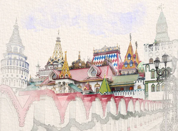 Estilizado Pela Pintura Esboço Aquarela Bela Visão Kremlin Izmailovo Moscou — Fotografia de Stock