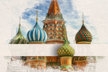 Dokulu kağıt St Basil Katedrali Rusya'nın Moskova Kızıl meydanında suluboya kroki boyayarak stilize. Retro tarzı kartpostal. Kağıt şerit altında bir kubbe ile kopya alanı Ekle.