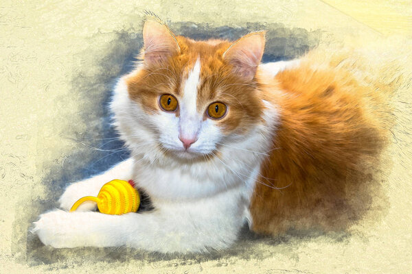 Stylized by watercolor sketch painting of cat on a textured paper. Retro style postcard.