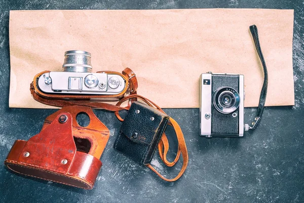 Régi Retro Kamerák Vintage Absztrakt Háttér Papír Szalag Másolása Helyet — Stock Fotó