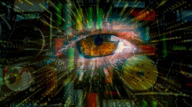 Techno geometrik nodern bilim arka plan - insan göz ile radyal techno ışınları görünüyor sana aracılığıyla devre kartı.