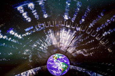 Dünya gezegen projektör mercek parlamasının bir gökada yıldız arka plan aydınlatma ile. Nasa tarafından döşenmiş bu görüntü unsurları.