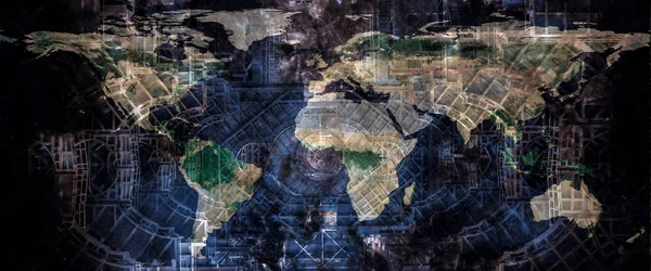 Concepto de mundo Techno. Mapa del mundo en el fondo abstracto de la estructura de diseño de construcción futurista. Los elementos de esta imagen proporcionados por la NASA . — Foto de Stock