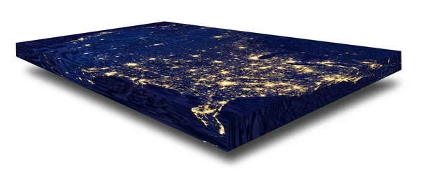 Representation of a rectangular flat Earth model - city lights of the United States on white background with shadow. Angle view with perspective 3d render. Elements of this image furnished by NASA.