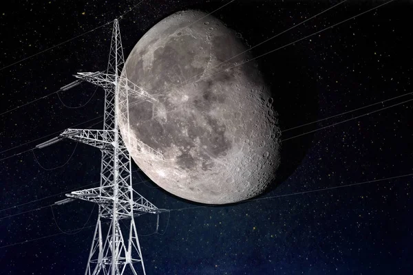 Half Moon Back Silhouette Power Electric Pole Night Elements Image — Stock Photo, Image
