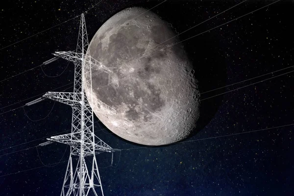 Media Luna Atrás Silueta Potencia Poste Eléctrico Por Noche Elementos — Foto de Stock