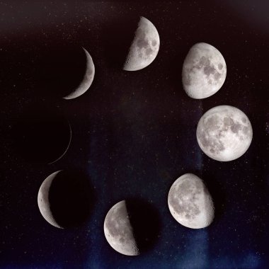 Ayın evreleri: hilal waxing, ilk çeyreğinde, gibbous, ağda tam ay, gibbous zayıflayan, üçüncü guarter, azalan hilal, yeni ay. Yıldızlı gökyüzü üzerinde. Nasa tarafından döşenmiş bu görüntü unsurları.