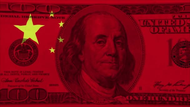 Chinesische Flagge Auf Dem Hundert Dollar Schein Animation Die Vereinigten — Stockvideo