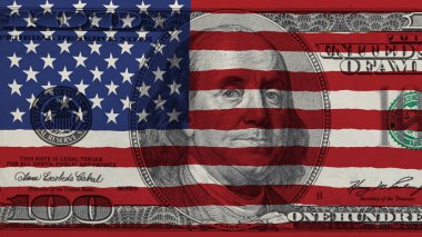 Amerika Birleşik Devletleri bayrağı 100 ABD Doları banknot arka plan sallayarak renkli