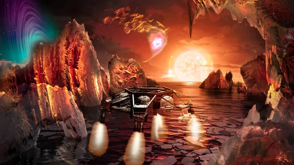 Kosmická Loď Přistání Cizí Planetě Podivnou Skalnaté Hory Jeskyní Krajina — Stock fotografie