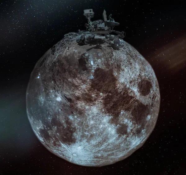 Коллаж Огромным Марсоходом Маленькой Луне Концепция Лунных Исследований Лунная Программа — стоковое фото