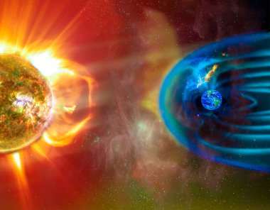 The Sun-Earth connection space weather. Blasts of perticles and magnetic field from the sun impact magnetosphere. Magnetic bubble around the Earth. Elements of this image furnished by NASA. clipart