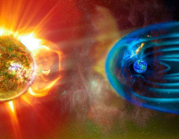The Sun-Earth connection space weather. Blasts of perticles and magnetic field from the sun impact magnetosphere. Magnetic bubble around the Earth. Elements of this image furnished by NASA.
