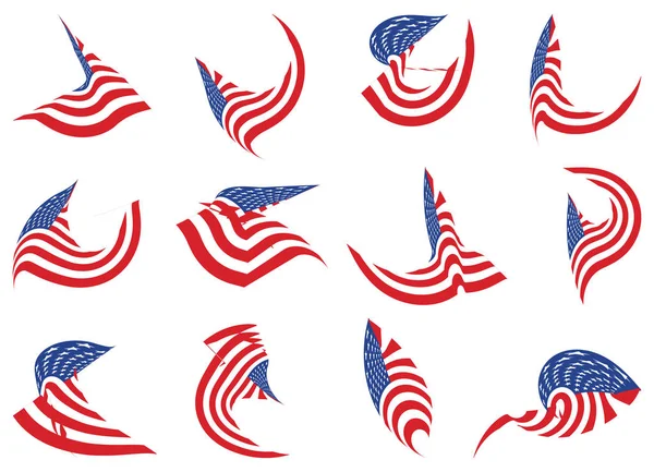 Set Different Curved Usa Star Flag Logo Stripes Design Elements — Stock Vector